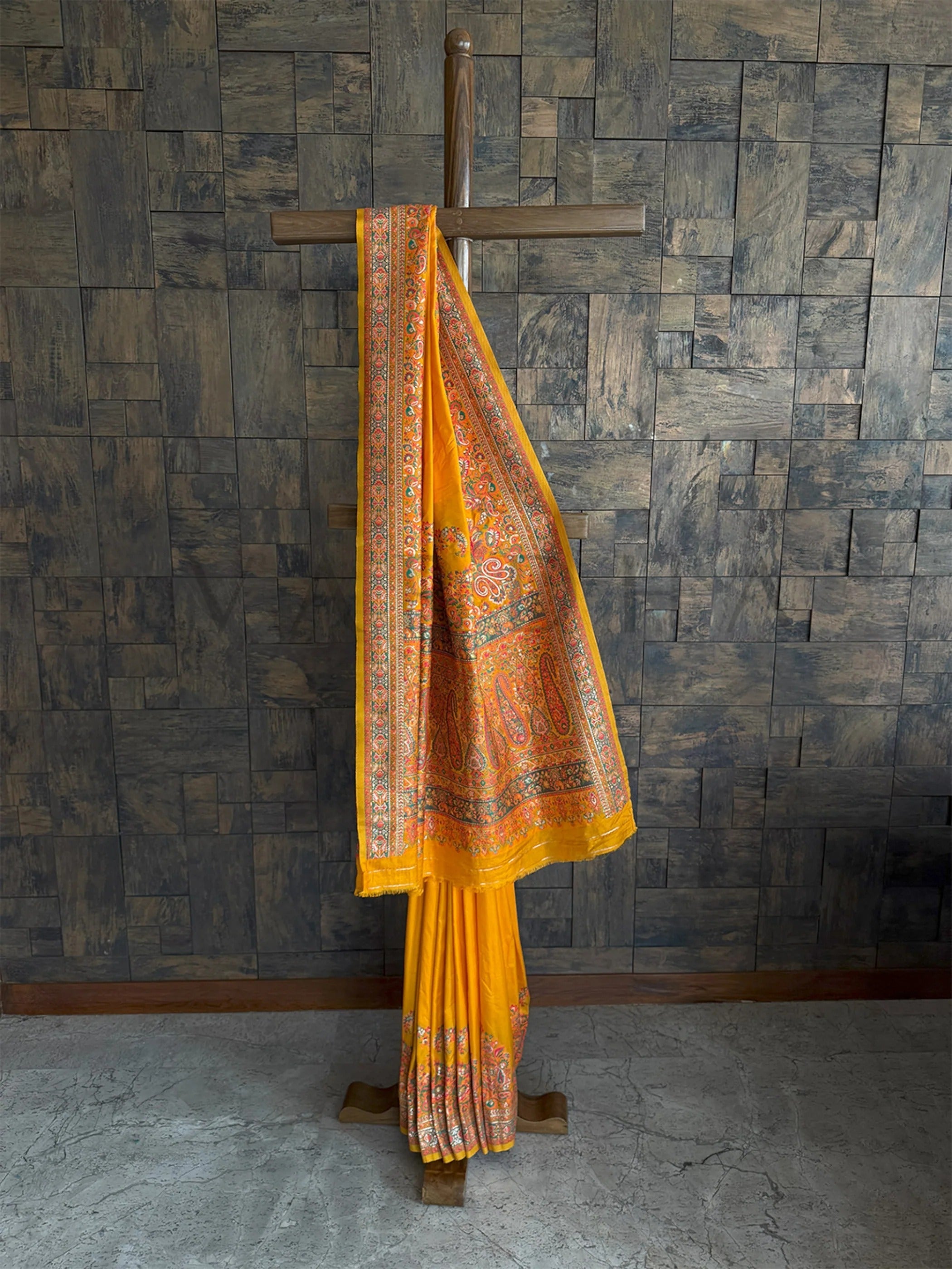 Vibrant mustard yellow Haldi saree in satin silk with golden zari pallu, ideal for Haldi ceremony, wedding rituals, and festive daytime gatherings.