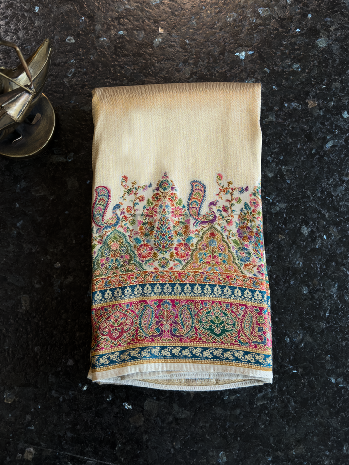 Cream Banarasi Katan Silk Saree with Zari Peacock Motifs and Paisley Pallu