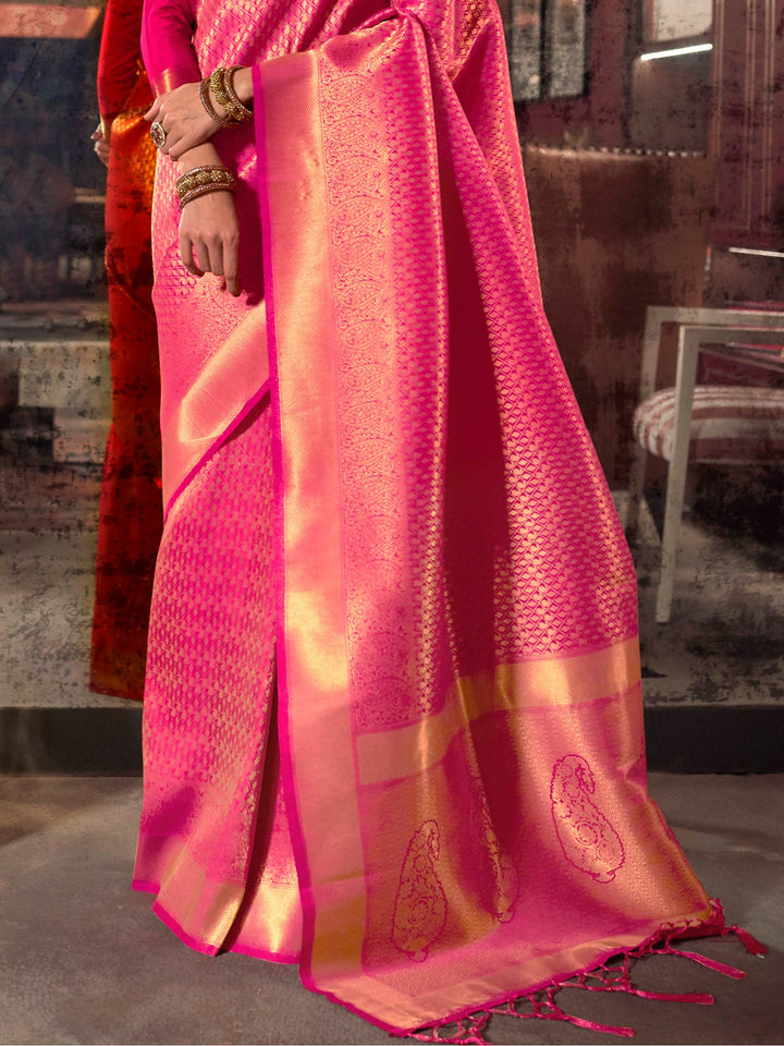 Rani Pink Kanjivaram Silk Saree with Woven Zari Work
