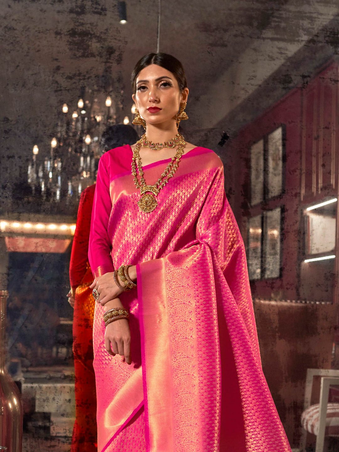 Rani Pink Kanjivaram Silk Saree with Woven Zari Work