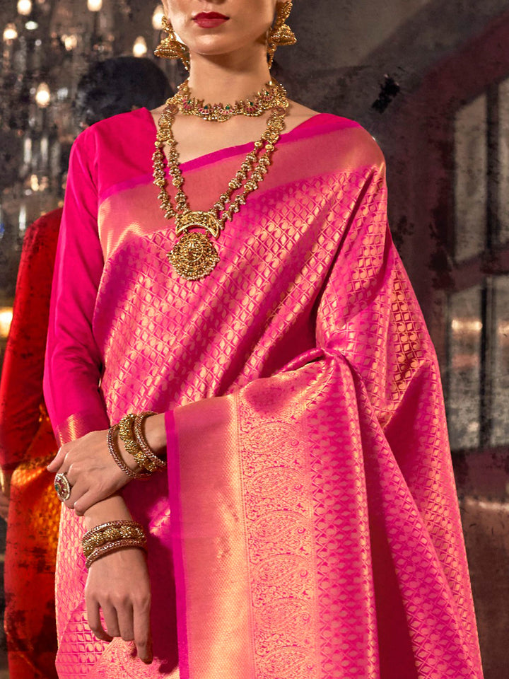 Rani Pink Kanjivaram Silk Saree with Woven Zari Work