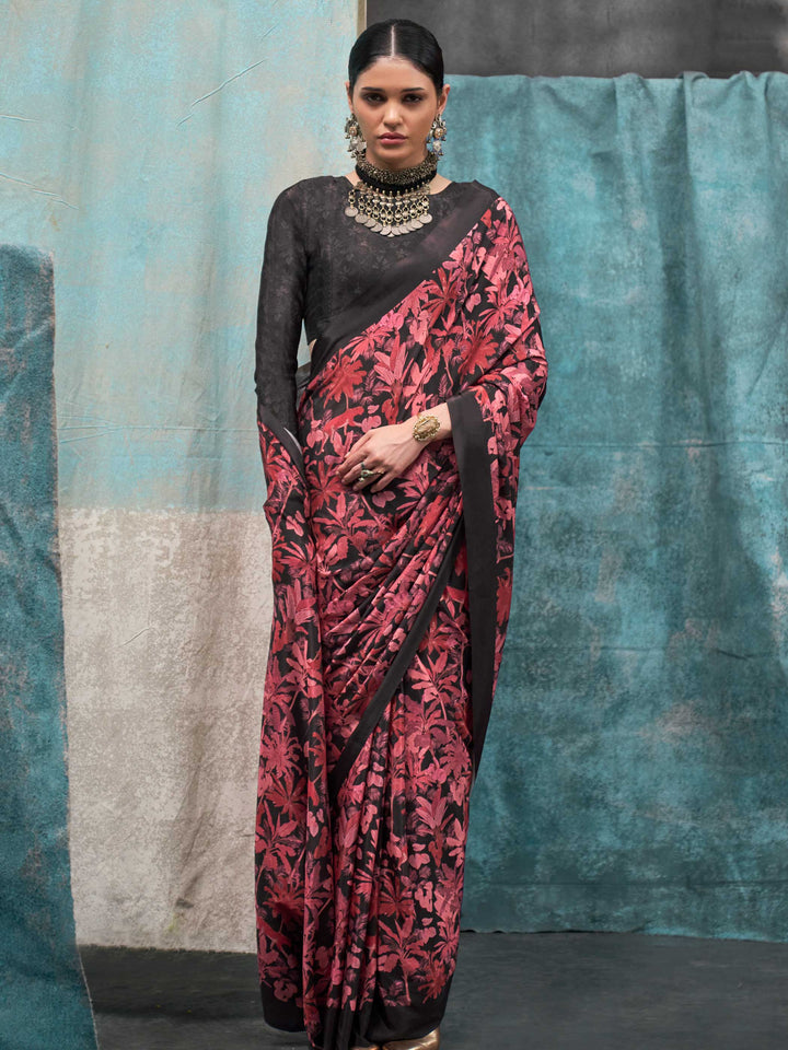 Charming Dark Maroon Crepe Silk Saree with Kalamkari Prints