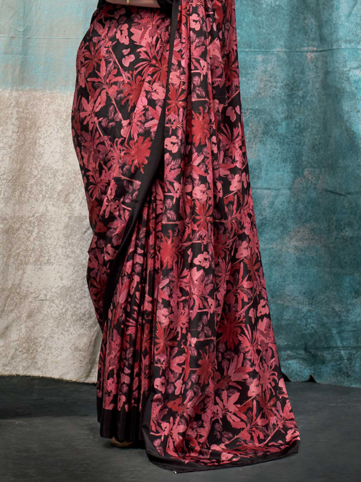 Charming Dark Maroon Crepe Silk Saree with Kalamkari Prints