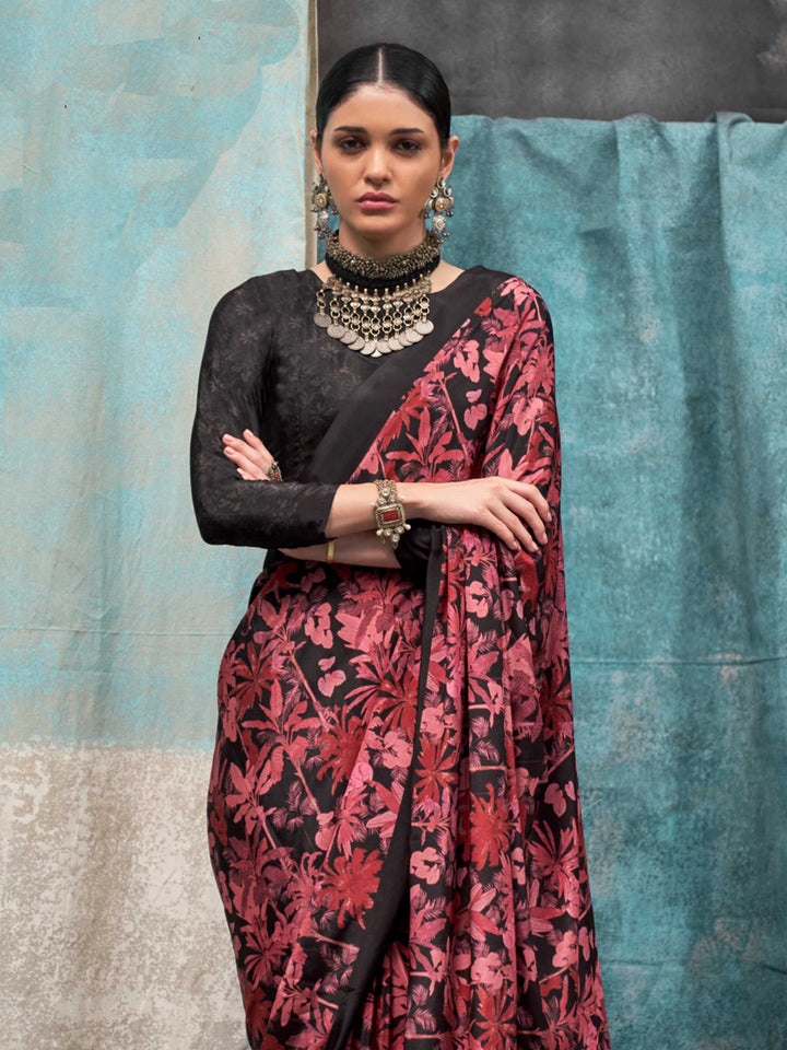 Charming Dark Maroon Crepe Silk Saree with Kalamkari Prints