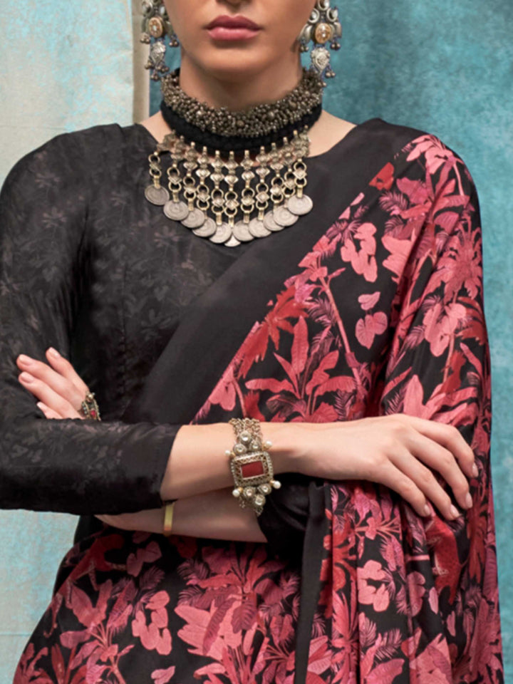 Charming Dark Maroon Crepe Silk Saree with Kalamkari Prints