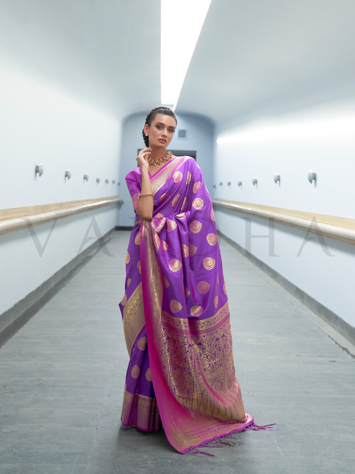 This Royal Purple–Rani Pink Satin Silk saree is crafted with intricate woven zari accents, ideal for receptions, festive wear, and ethnic elegance. A timeless drape with regal charm. SKU 179001. This Royal Purple–Rani Pink Satin Silk saree is crafted with intricate woven zari accents, ideal for receptions, festive wear, and ethnic elegance. A timeless drape with regal charm. SKU 179001.