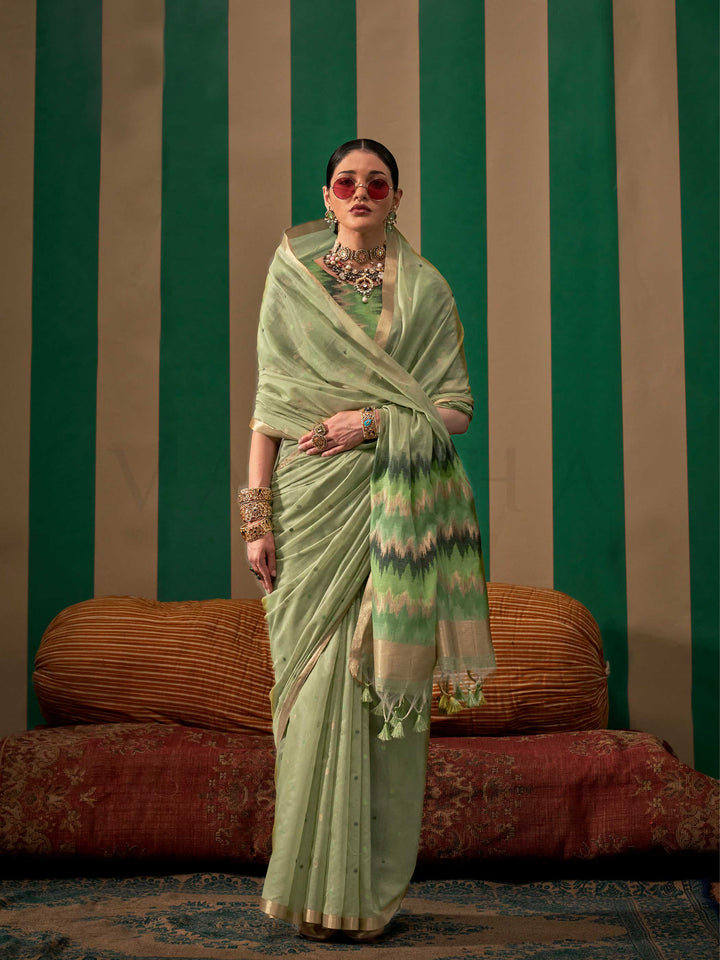 Mint Green Woven Cotton Spun Saree with Floral Design