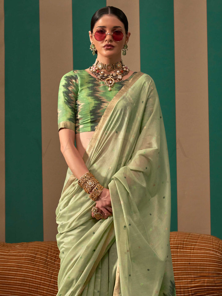 Mint Green Woven Cotton Spun Saree with Floral Design