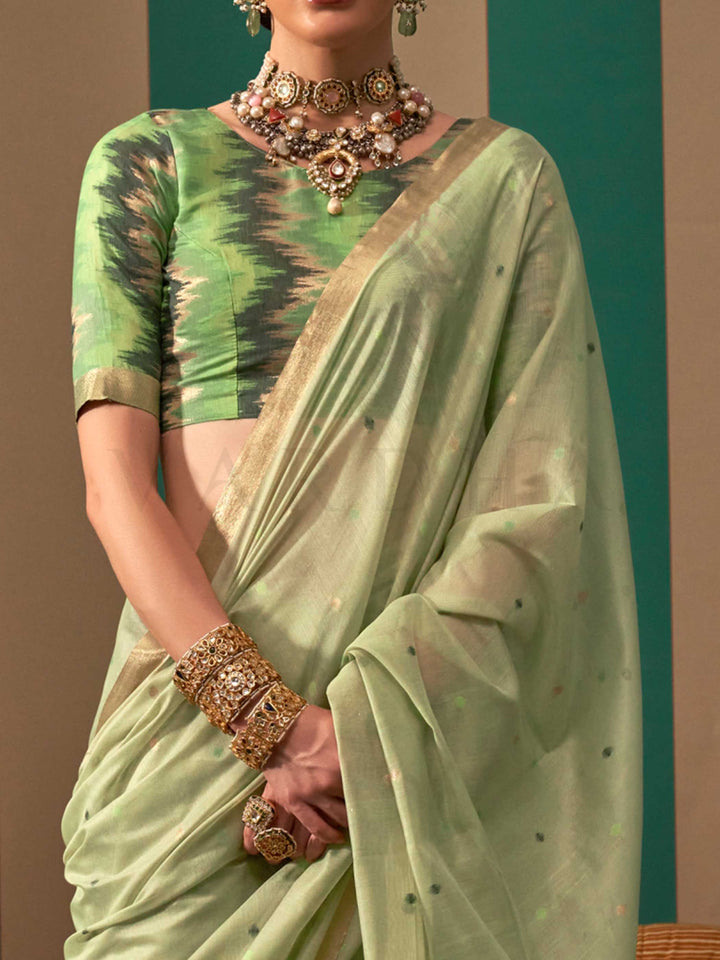 Mint Green Woven Cotton Spun Saree with Floral Design
