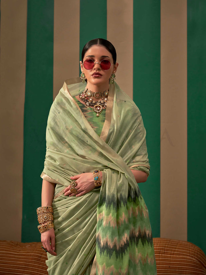 Mint Green Woven Cotton Spun Saree with Floral Design