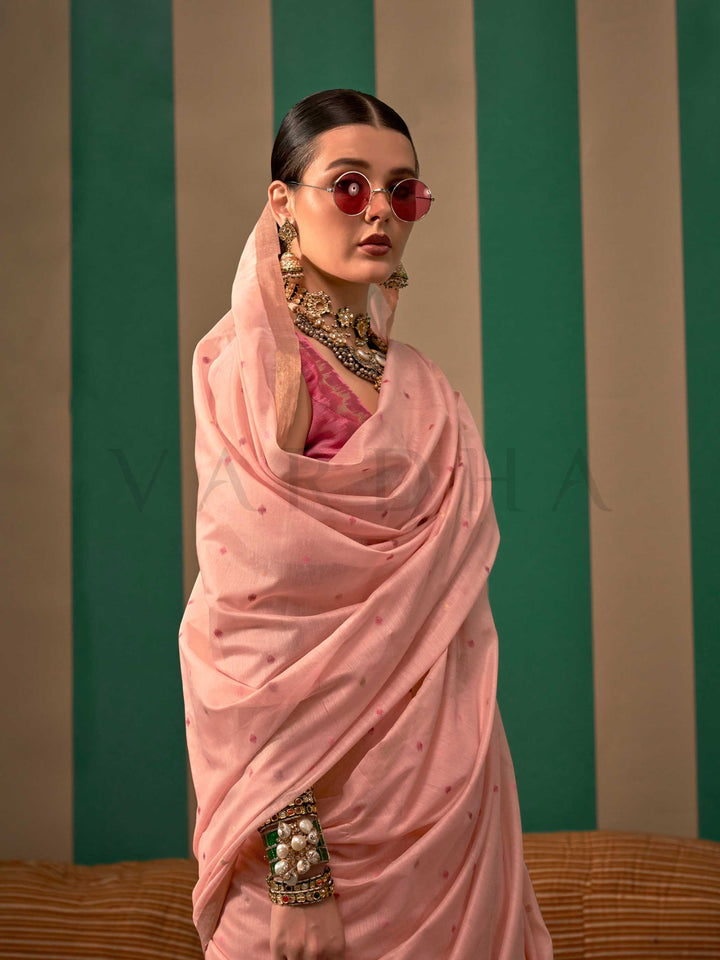 Blush Pink Woven Cotton Spun Saree