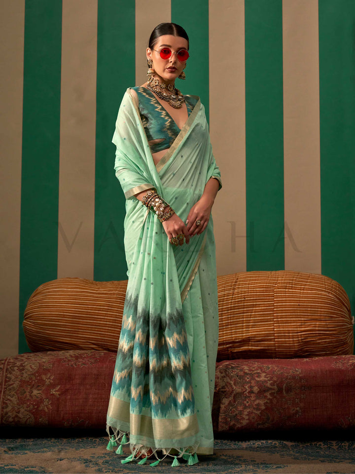 Seafoam Green Woven Cotton Spun Saree