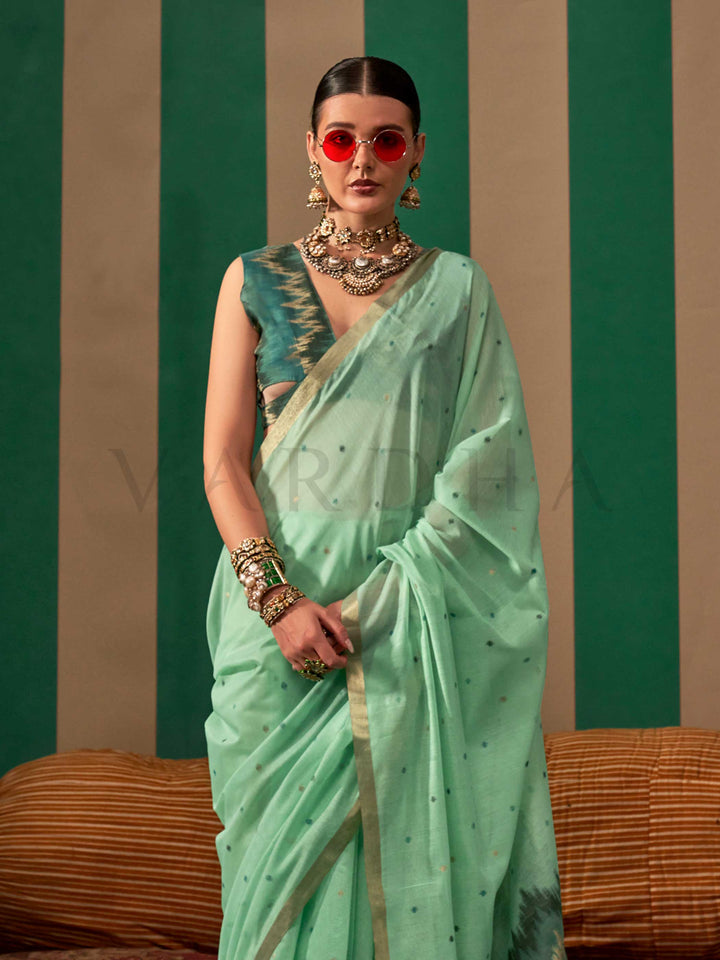 Seafoam Green Woven Cotton Spun Saree