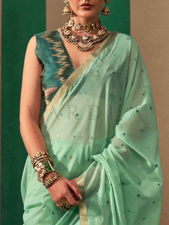 Seafoam Green Woven Cotton Spun Saree