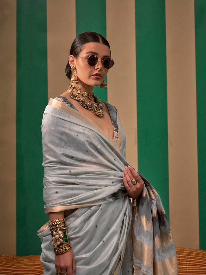 Blue-Charcoal Woven Cotton Spun Saree