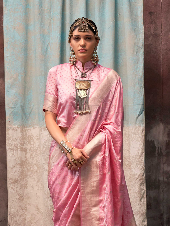Blush Rose Pink Banarasi Satin Silk Saree