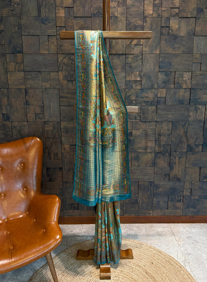 Sky Blue Mughal Motif Banarasi Katan Silk Saree with Tissue Blouse