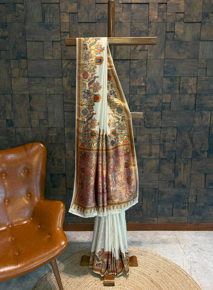Off-White Viscose Katan Silk Saree with Zari Jungle Motifs