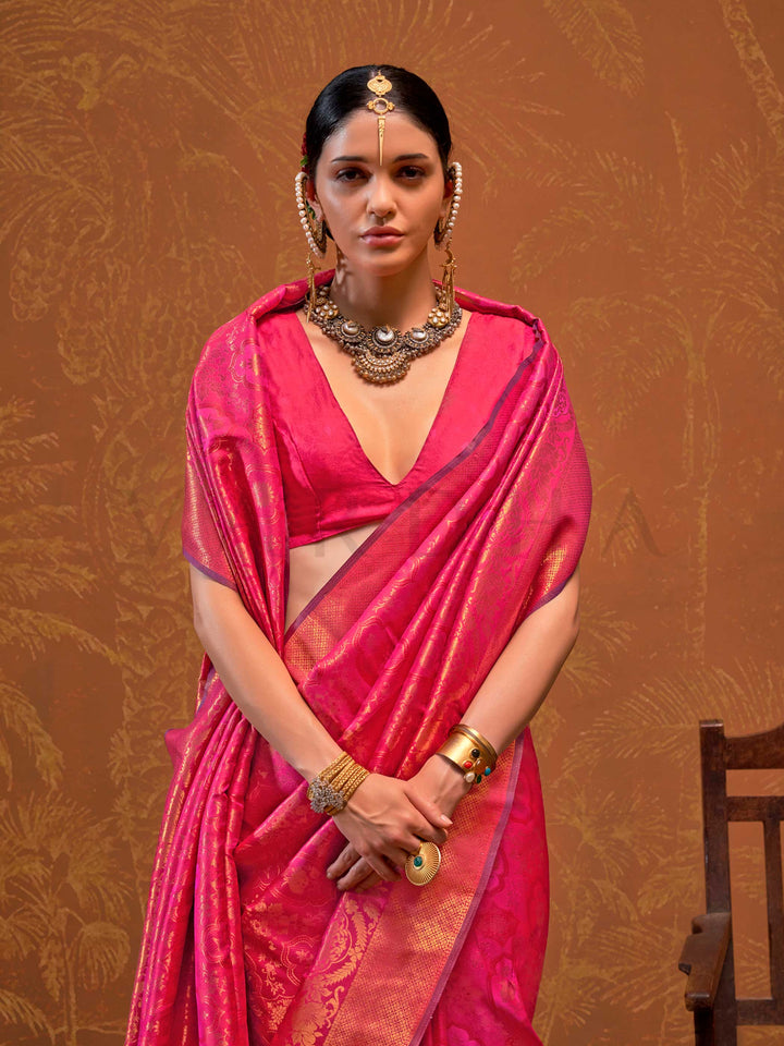 Rani Pink Kanjivaram Silk Saree with Woven Zari Work