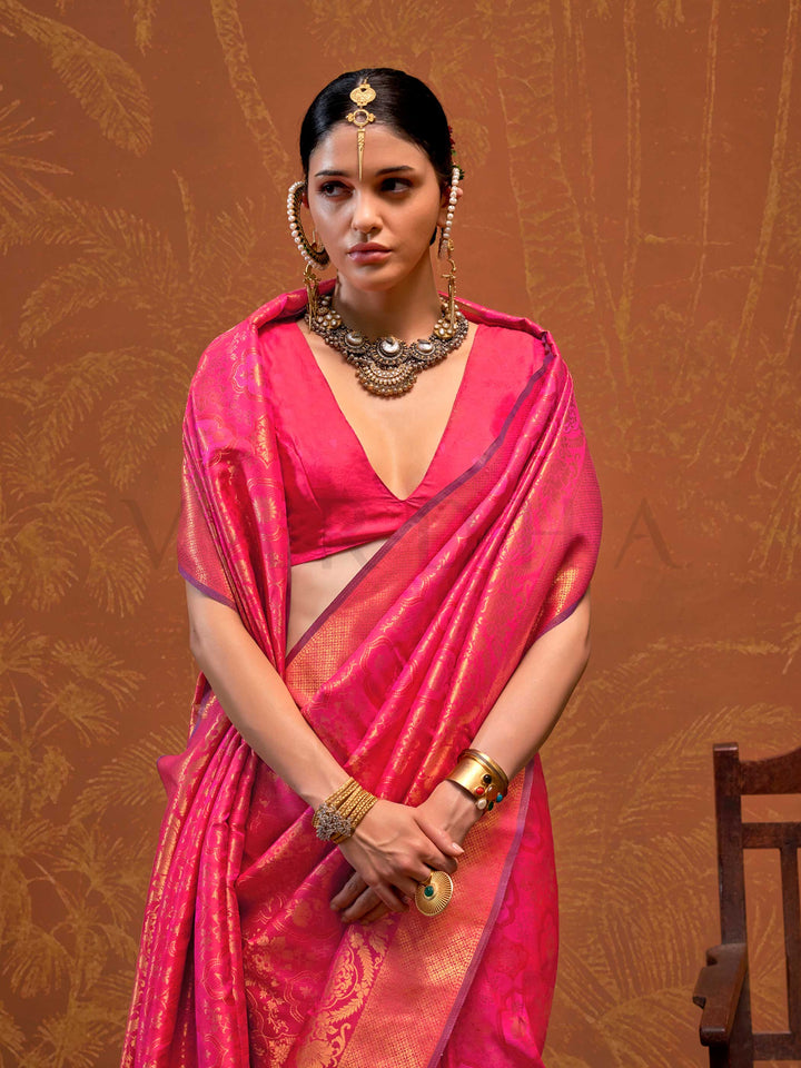 Rani Pink Kanjivaram Silk Saree with Woven Zari Work