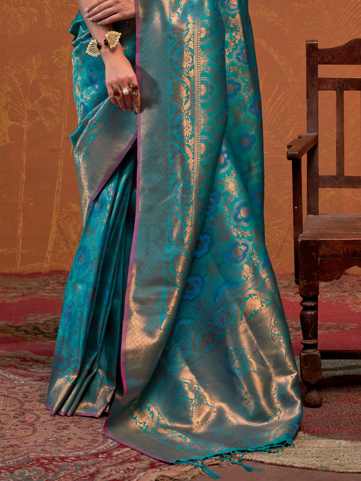 Peacock Blue Kanjivaram Silk Saree with Woven Zari Work