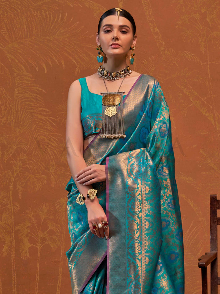 Peacock Blue Kanjivaram Silk Saree with Woven Zari Work