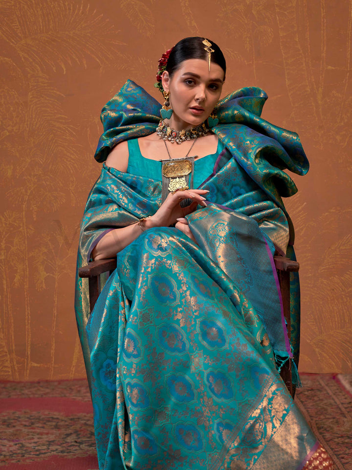 Peacock Blue Kanjivaram Silk Saree with Woven Zari Work