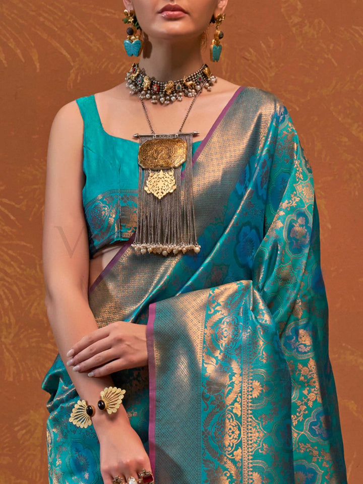 Peacock Blue Kanjivaram Silk Saree with Woven Zari Work