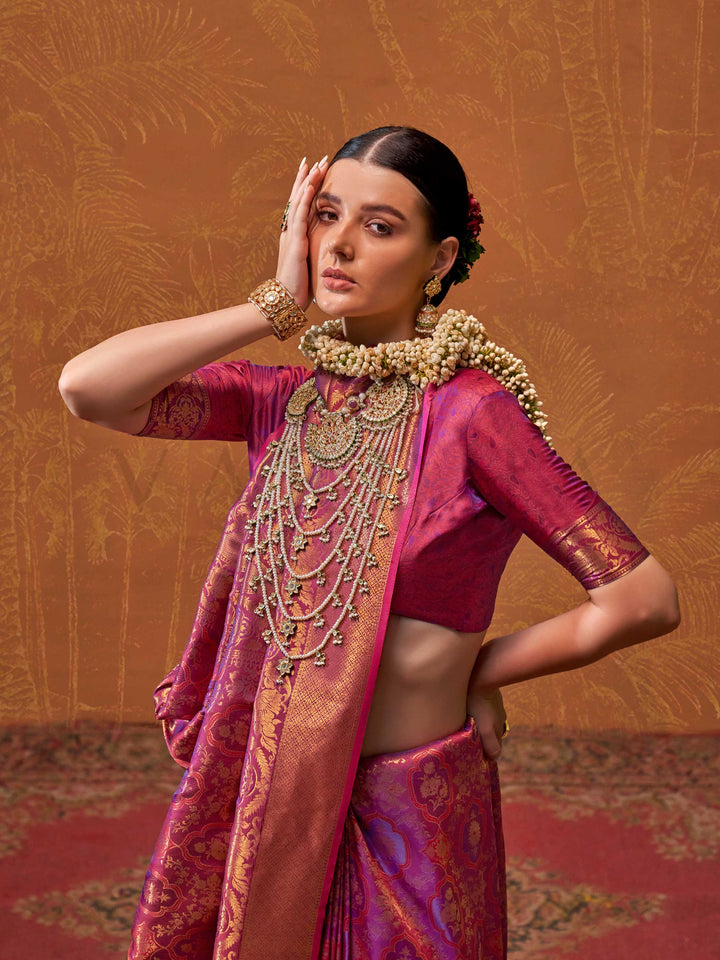 Magenta Kanjivaram Silk Saree with Woven Zari Work