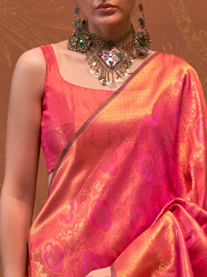 Coral Orange Kanjivaram Silk Saree with Woven Zari Work