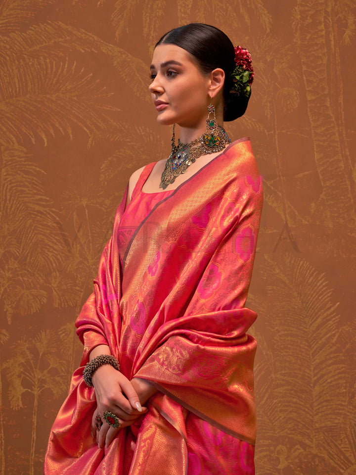 Coral Orange Kanjivaram Silk Saree with Woven Zari Work