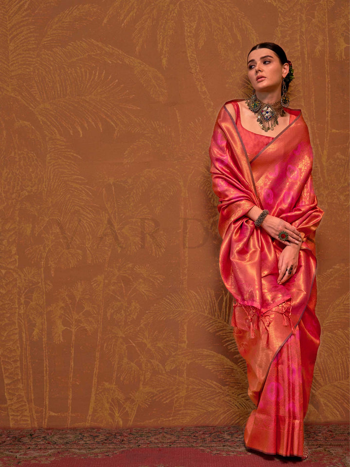 Coral Orange Kanjivaram Silk Saree with Woven Zari Work