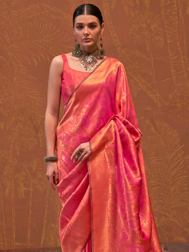 Coral Orange Kanjivaram Silk Saree with Woven Zari Work