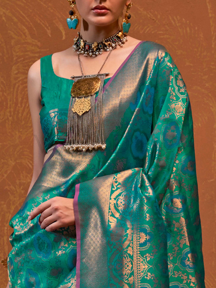 Sea Green Kanjivaram Silk Saree with Woven Zari Work