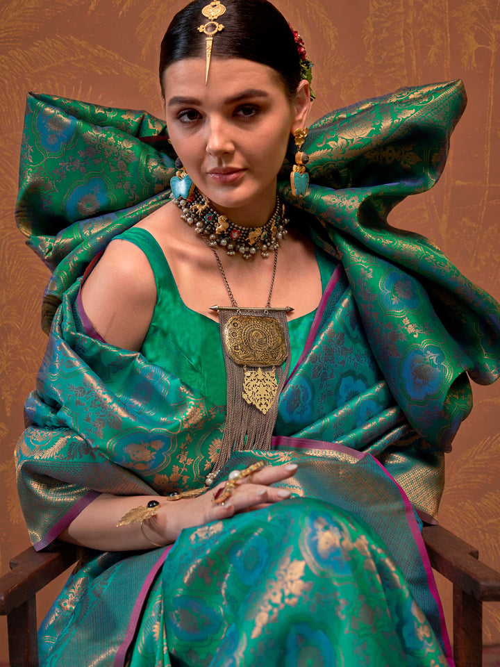 Sea Green Kanjivaram Silk Saree with Woven Zari Work