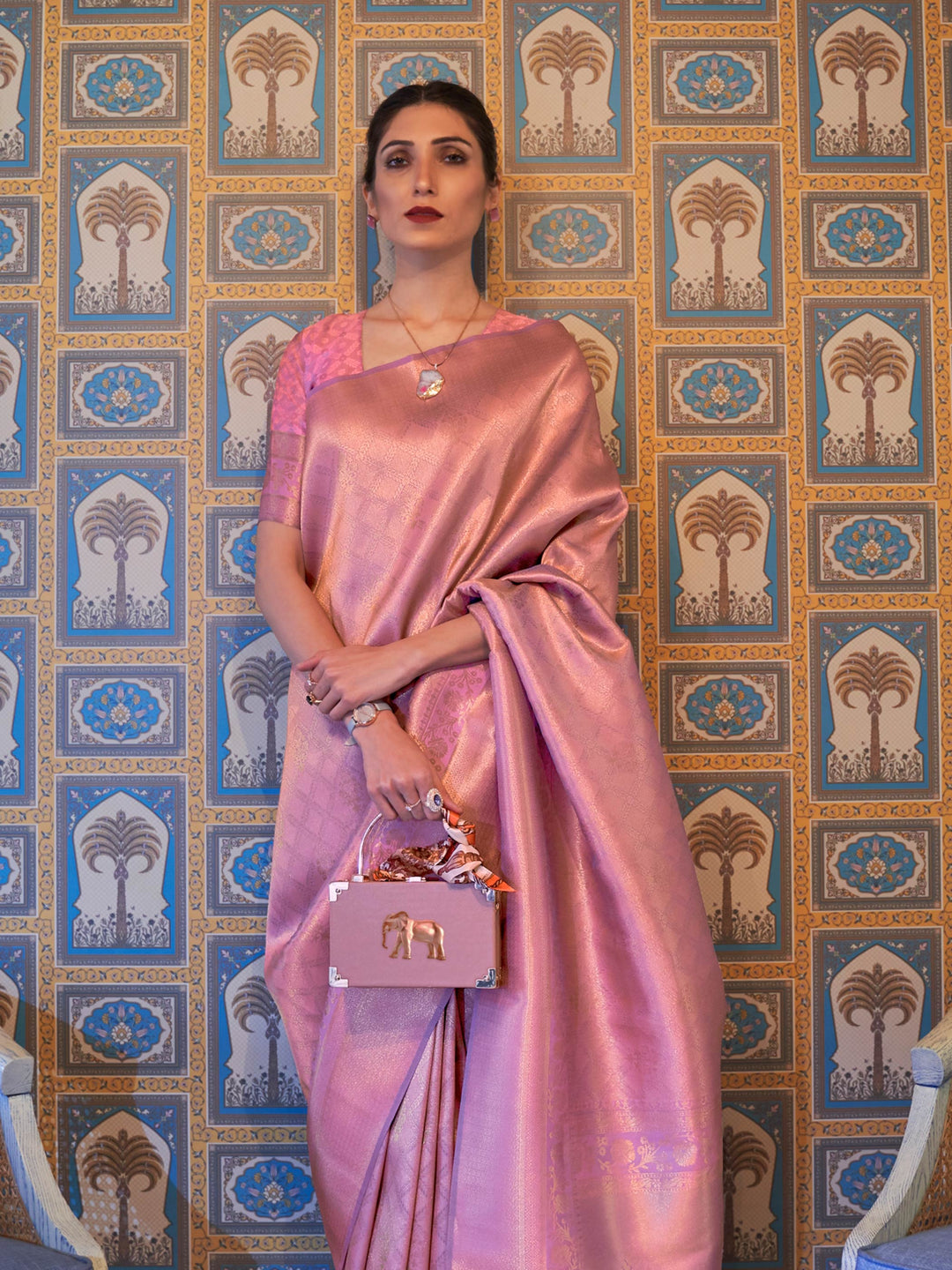 Soft Blush Pink–Rose Gold drape with traditional zari border, jacquard weave and blouse piece. Classic Indian festive silk saree in Blush Pink–Rose Gold with woven motifs for poojas and haldi.