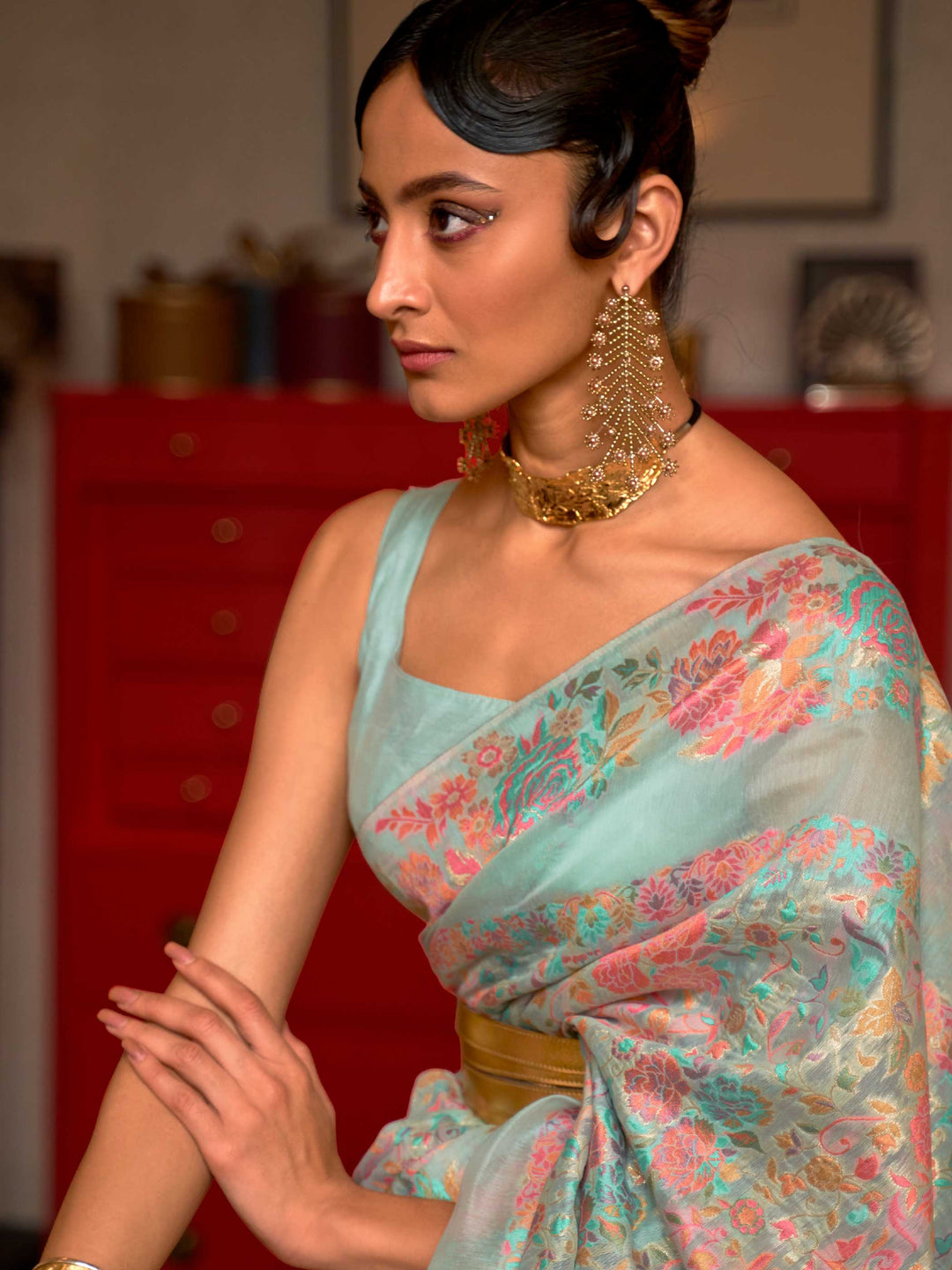 Pastel Blue Floral Woven Kashmiri Modal Silk Borderless Saree