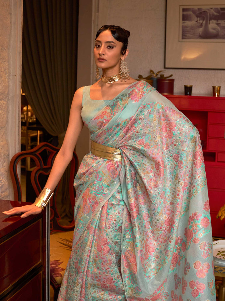 Pastel Blue Floral Woven Kashmiri Modal Silk Borderless Saree