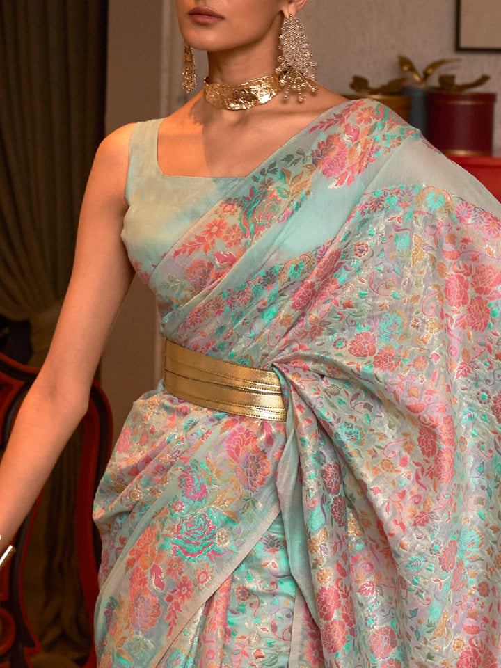 Pastel Blue Floral Woven Kashmiri Modal Silk Borderless Saree