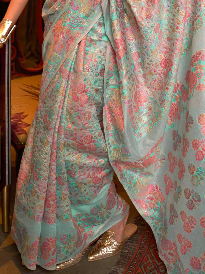 Pastel Blue Floral Woven Kashmiri Modal Silk Borderless Saree