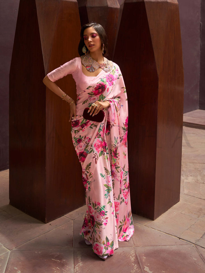 This Blush Pink–Rose Satin Crepe saree showcases stunning digital floral print that enhances its party-ready drape. Digitally crafted floral elegance for day-to-night ethnic wear. SKU 260002. This Blush Pink–Rose Satin Crepe saree showcases stunning digital floral print that enhances its party-ready drape. Digitally crafted floral elegance for day-to-night ethnic wear. SKU 260002.