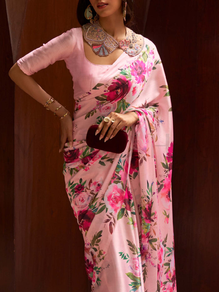 This Blush Pink–Rose Satin Crepe saree showcases stunning digital floral print that enhances its party-ready drape. Digitally crafted floral elegance for day-to-night ethnic wear. SKU 260002. This Blush Pink–Rose Satin Crepe saree showcases stunning digital floral print that enhances its party-ready drape. Digitally crafted floral elegance for day-to-night ethnic wear. SKU 260002.