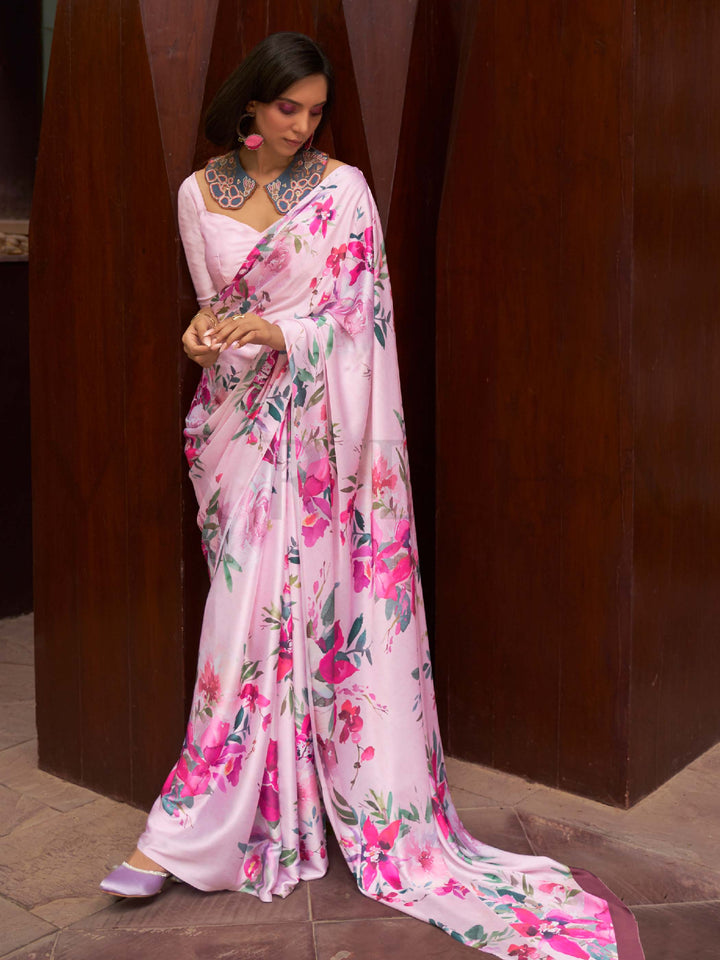 This Soft Pink–Magenta Satin Crepe saree showcases stunning digital floral print that enhances its party-ready drape. Digitally crafted floral elegance for day-to-night ethnic wear. SKU 260008. This Soft Pink–Magenta Satin Crepe saree showcases stunning digital floral print that enhances its party-ready drape. Digitally crafted floral elegance for day-to-night ethnic wear. SKU 260008.