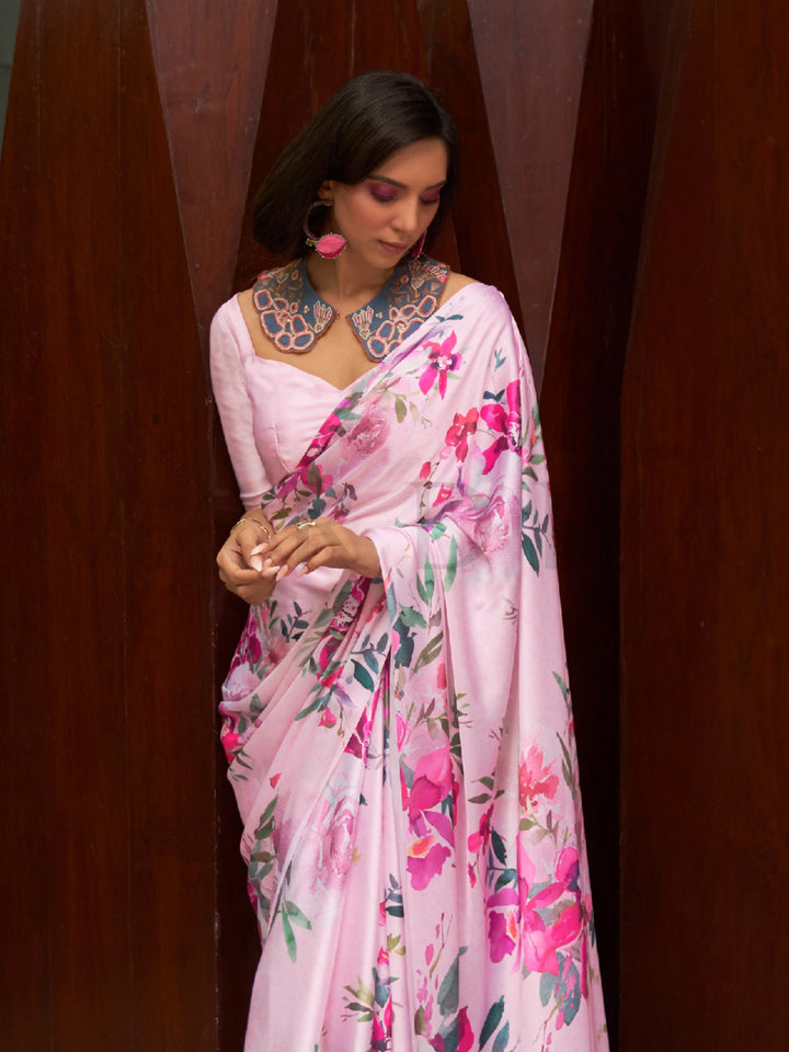 This Soft Pink–Magenta Satin Crepe saree showcases stunning digital floral print that enhances its party-ready drape. Digitally crafted floral elegance for day-to-night ethnic wear. SKU 260008. This Soft Pink–Magenta Satin Crepe saree showcases stunning digital floral print that enhances its party-ready drape. Digitally crafted floral elegance for day-to-night ethnic wear. SKU 260008.