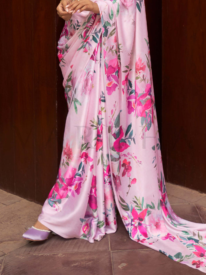 This Soft Pink–Magenta Satin Crepe saree showcases stunning digital floral print that enhances its party-ready drape. Digitally crafted floral elegance for day-to-night ethnic wear. SKU 260008. This Soft Pink–Magenta Satin Crepe saree showcases stunning digital floral print that enhances its party-ready drape. Digitally crafted floral elegance for day-to-night ethnic wear. SKU 260008.