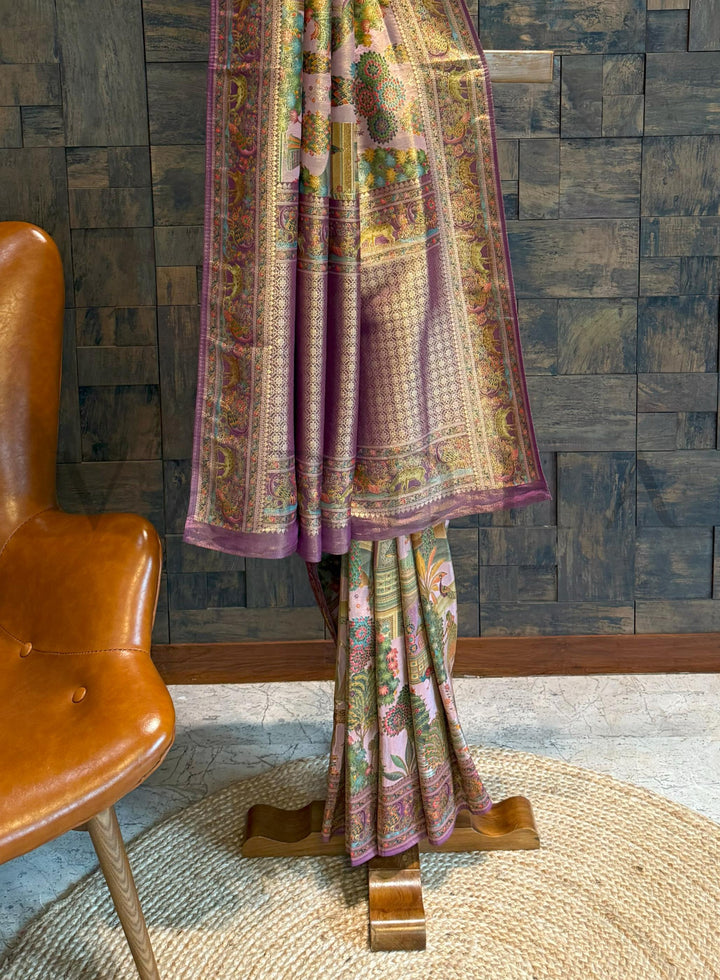 Lilac Mughal Motif Banarasi Katan Silk Saree with Tissue Blouse