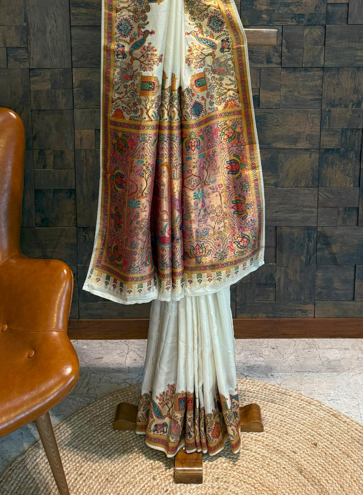Off-White Viscose Katan Silk Saree with Zari Jungle Motifs