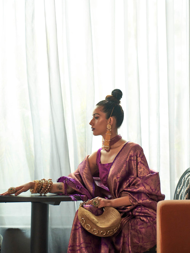 purple kanjivaram silk saree rose gold zari border bridal silk saree