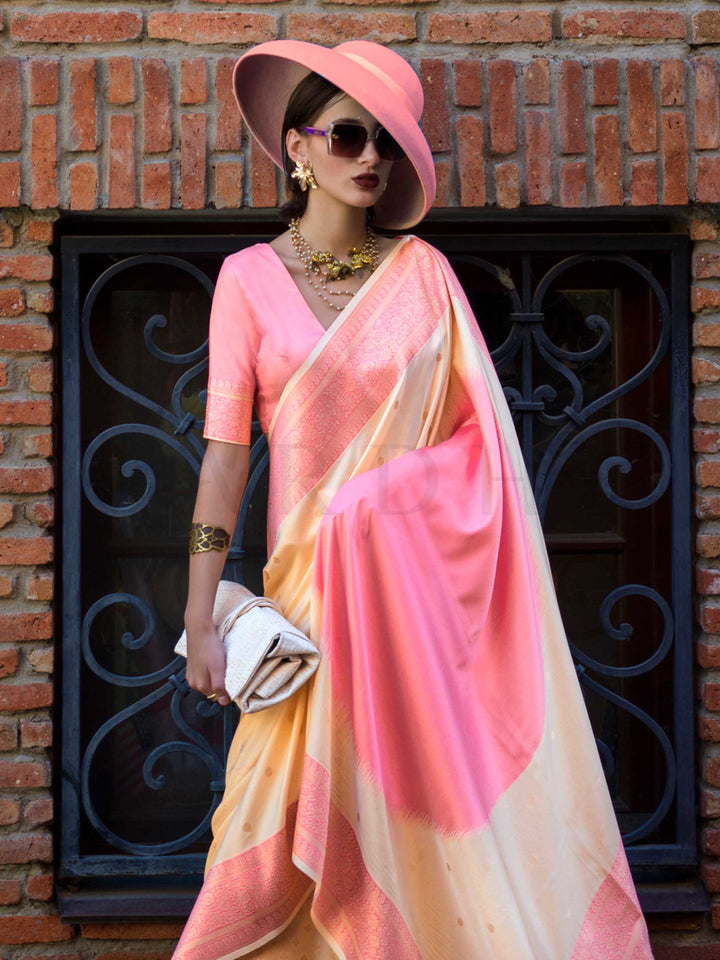 Peach & Yellow Soft Silk Handloom Saree with Contrast Pallu Festive Wear