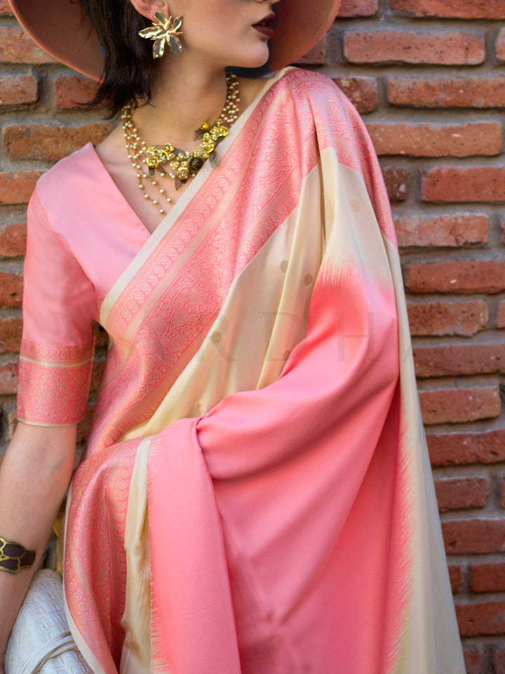 Peach & Yellow Soft Silk Handloom Saree with Contrast Pallu Festive Wear